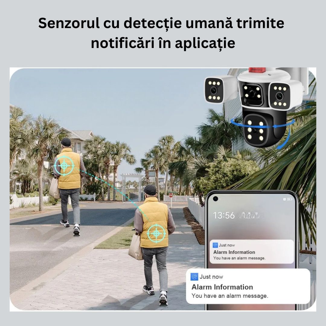 Cameră de Supraveghere PTZ cu WiFi, Rezolutie 10K, 20MP, Zoom Optic 10X, 5 Lentile, Vizualizare pe 4 Ecrane, Night Vision Color, Comunicare Bidirecțională, Functie de Urmărire Automată cu Identificarea tipului de miscare