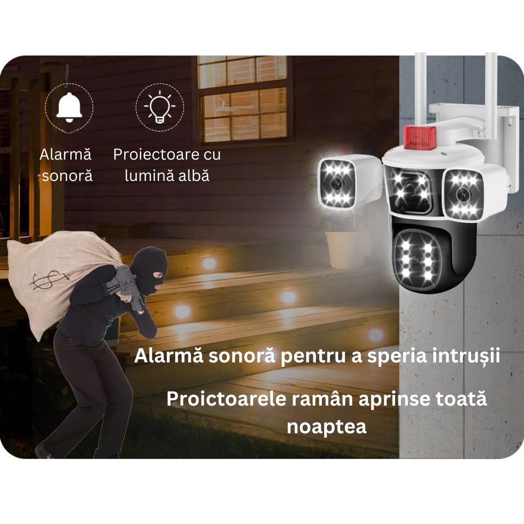 Cameră de Supraveghere PTZ cu WiFi, Rezolutie 10K, 20MP, Zoom Optic 10X, 5 Lentile, Vizualizare pe 4 Ecrane, Night Vision Color, Comunicare Bidirecțională, Functie de Urmărire Automată cu Identificarea tipului de miscare