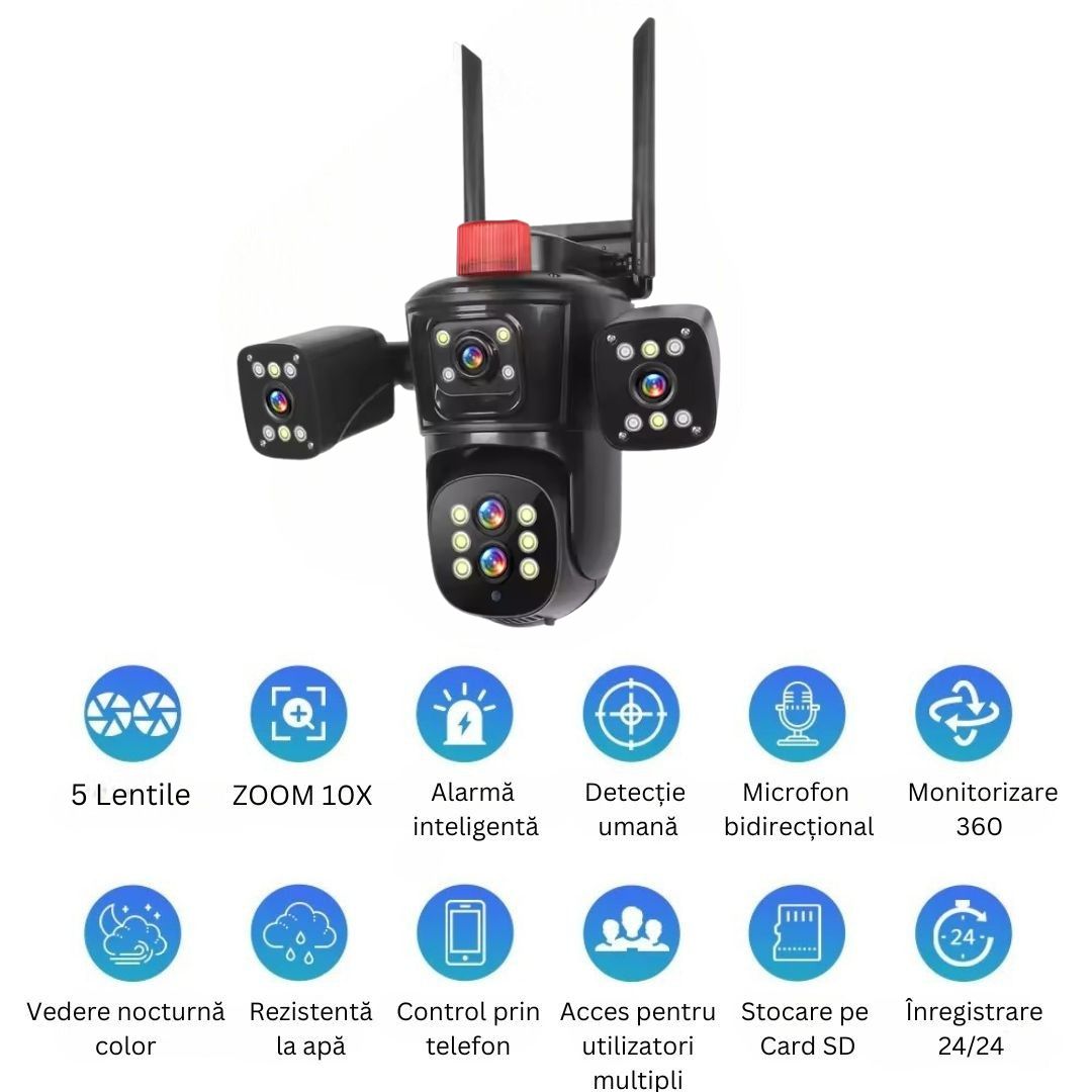 Cameră de Supraveghere PTZ cu WiFi, Rezolutie 10K, 20MP, Zoom Optic 10X, 5 Lentile, Vizualizare pe 4 Ecrane, Night Vision Color, Comunicare Bidirecțională, Functie de Urmărire Automată cu Identificarea tipului de miscare
