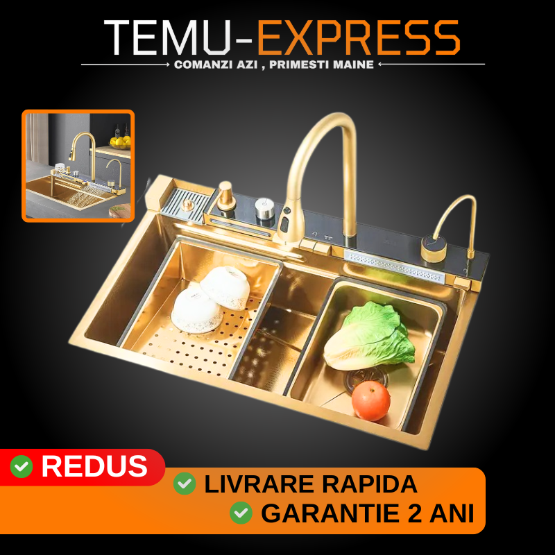 Chiuveta Bucatarie Multifunctionala cu LED, Inox, Auriu