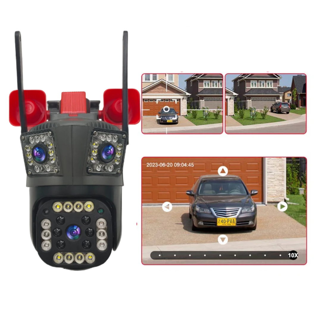 Camera de Supraveghere Tripla cu ALARMA WIFI, 12MP, Exterior/Interior, Ultra HD