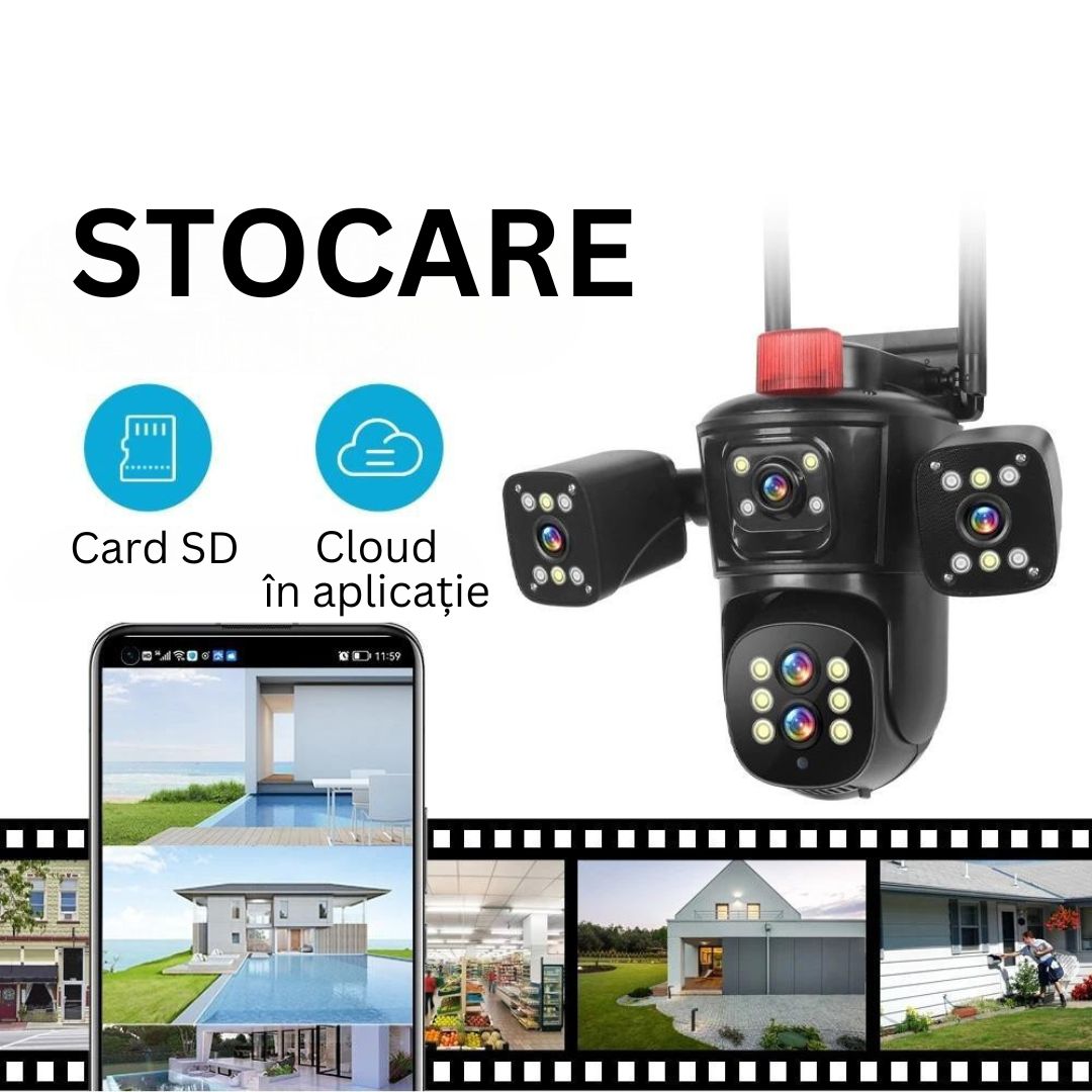 Cameră de Supraveghere PTZ cu WiFi, Rezolutie 10K, 20MP, Zoom Optic 10X, 5 Lentile, Vizualizare pe 4 Ecrane, Night Vision Color, Comunicare Bidirecțională, Functie de Urmărire Automată cu Identificarea tipului de miscare