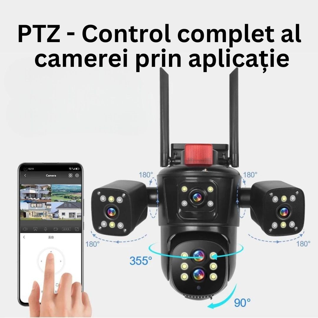 Cameră de Supraveghere PTZ cu WiFi, Rezolutie 10K, 20MP, Zoom Optic 10X, 5 Lentile, Vizualizare pe 4 Ecrane, Night Vision Color, Comunicare Bidirecțională, Functie de Urmărire Automată cu Identificarea tipului de miscare