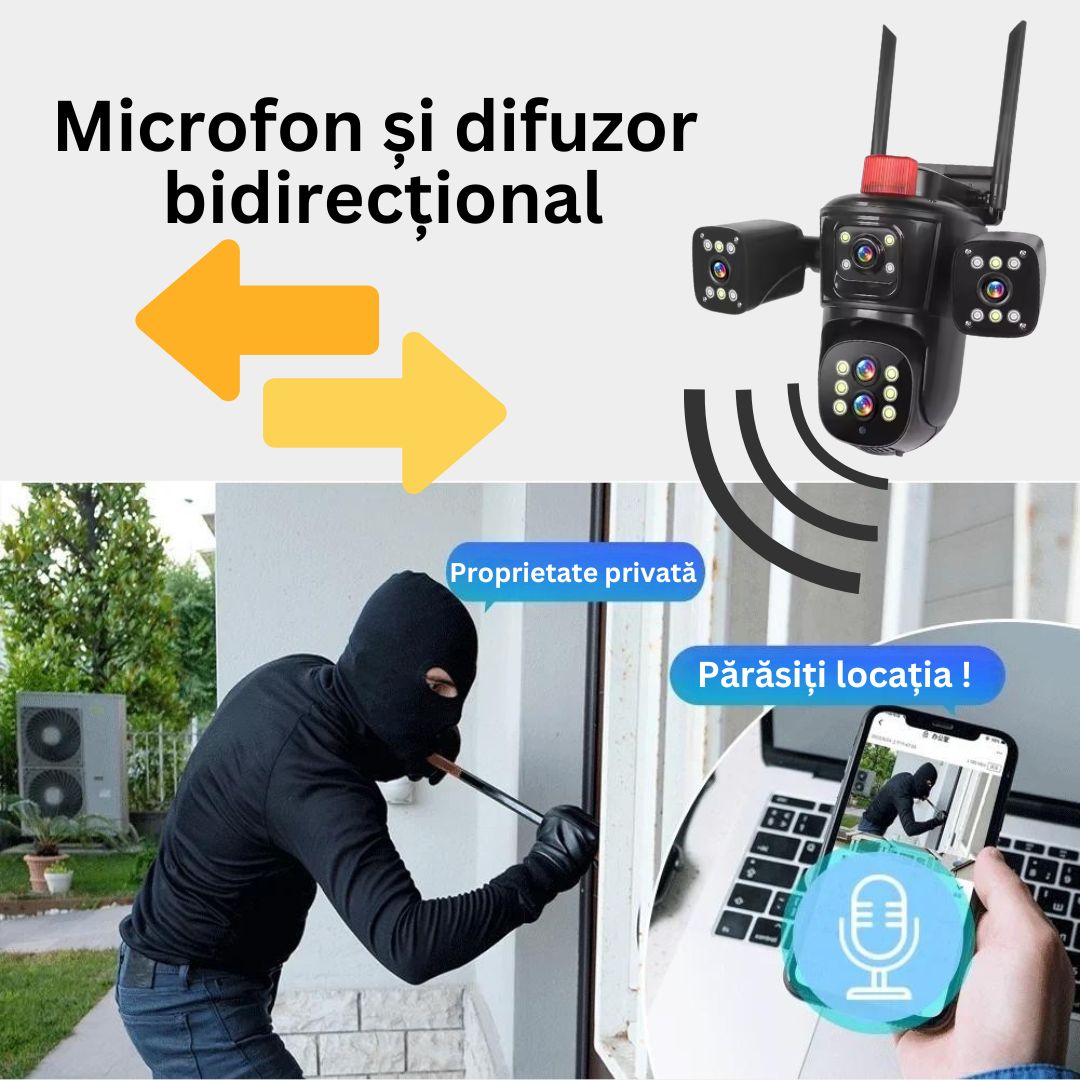 Cameră de Supraveghere PTZ cu WiFi, Rezolutie 10K, 20MP, Zoom Optic 10X, 5 Lentile, Vizualizare pe 4 Ecrane, Night Vision Color, Comunicare Bidirecțională, Functie de Urmărire Automată cu Identificarea tipului de miscare