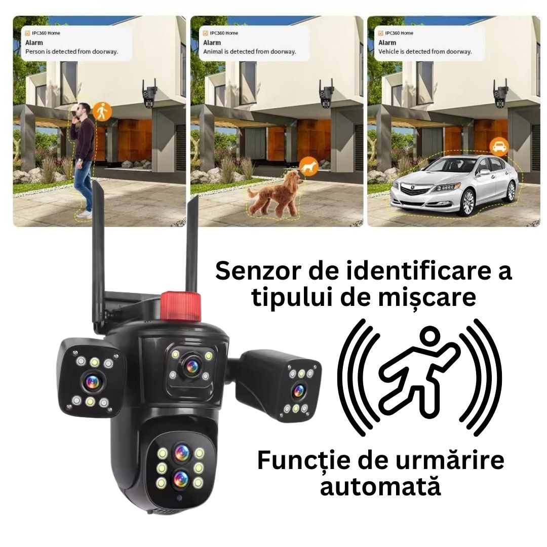 Cameră de Supraveghere PTZ cu WiFi, Rezolutie 10K, 20MP, Zoom Optic 10X, 5 Lentile, Vizualizare pe 4 Ecrane, Night Vision Color, Comunicare Bidirecțională, Functie de Urmărire Automată cu Identificarea tipului de miscare