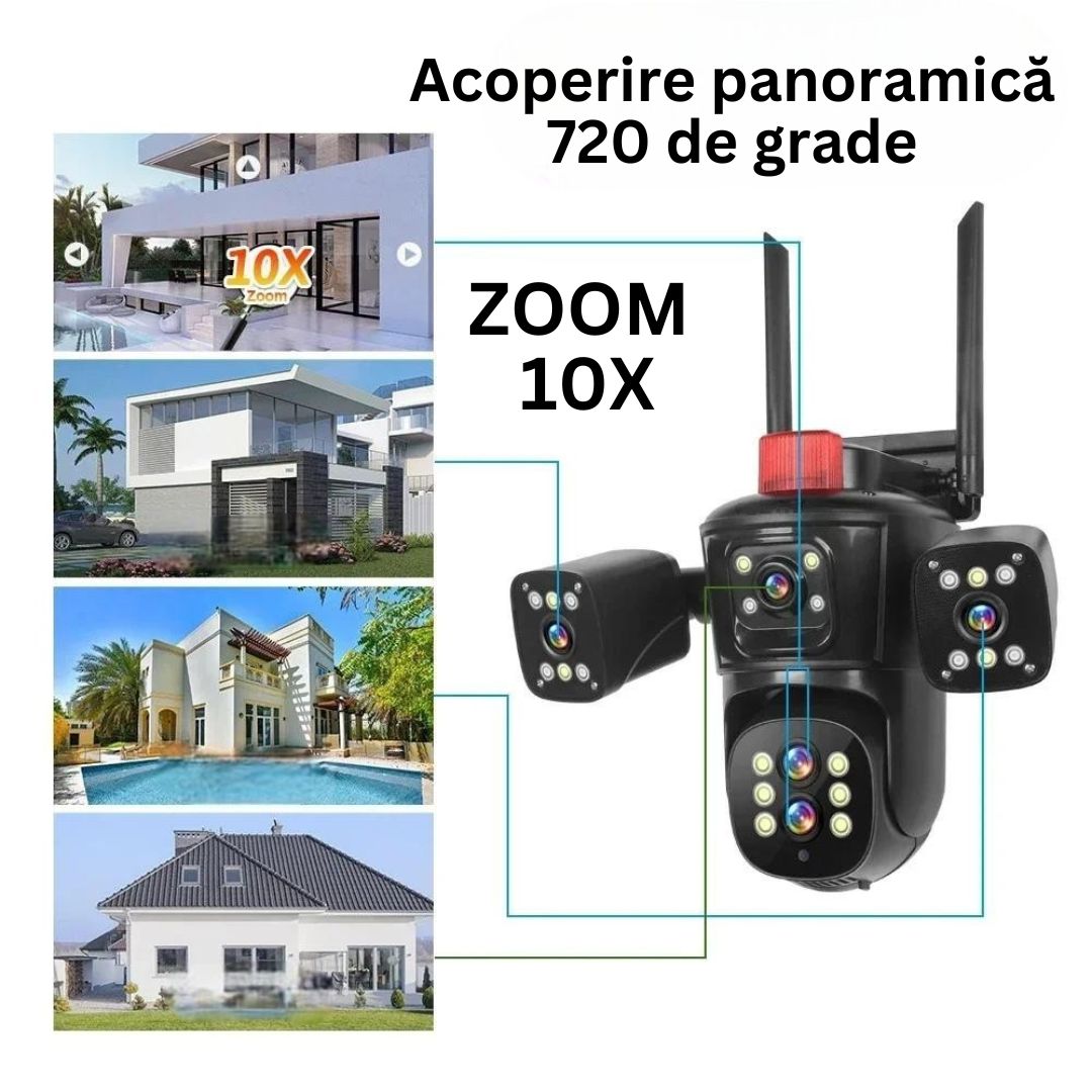 Cameră de Supraveghere PTZ cu WiFi, Rezolutie 10K, 20MP, Zoom Optic 10X, 5 Lentile, Vizualizare pe 4 Ecrane, Night Vision Color, Comunicare Bidirecțională, Functie de Urmărire Automată cu Identificarea tipului de miscare