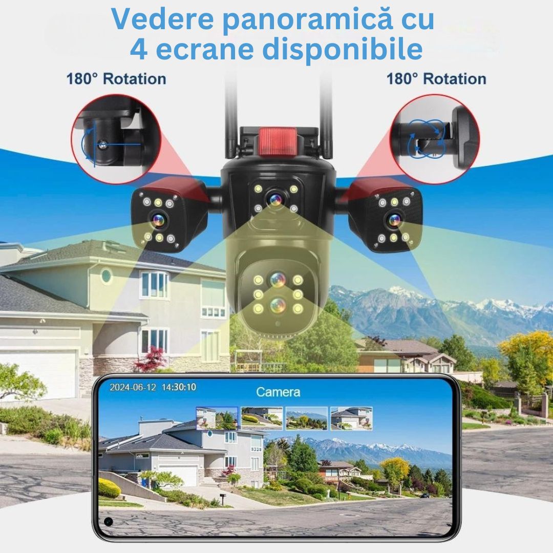 Cameră de Supraveghere PTZ cu WiFi, Rezolutie 10K, 20MP, Zoom Optic 10X, 5 Lentile, Vizualizare pe 4 Ecrane, Night Vision Color, Comunicare Bidirecțională, Functie de Urmărire Automată cu Identificarea tipului de miscare