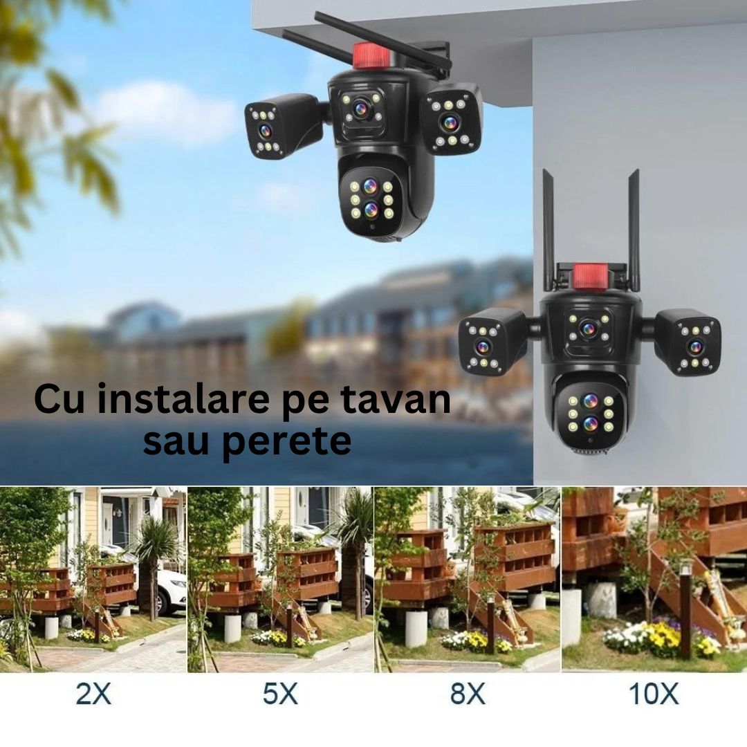 Cameră de Supraveghere PTZ cu WiFi, Rezolutie 10K, 20MP, Zoom Optic 10X, 5 Lentile, Vizualizare pe 4 Ecrane, Night Vision Color, Comunicare Bidirecțională, Functie de Urmărire Automată cu Identificarea tipului de miscare