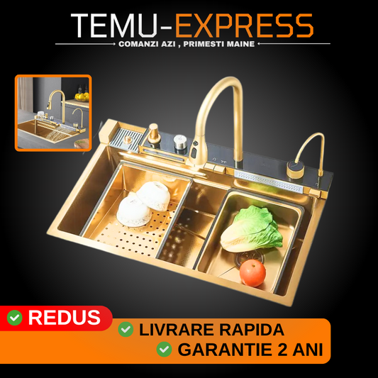 Chiuveta Bucatarie Multifunctionala cu LED, Inox, Auriu