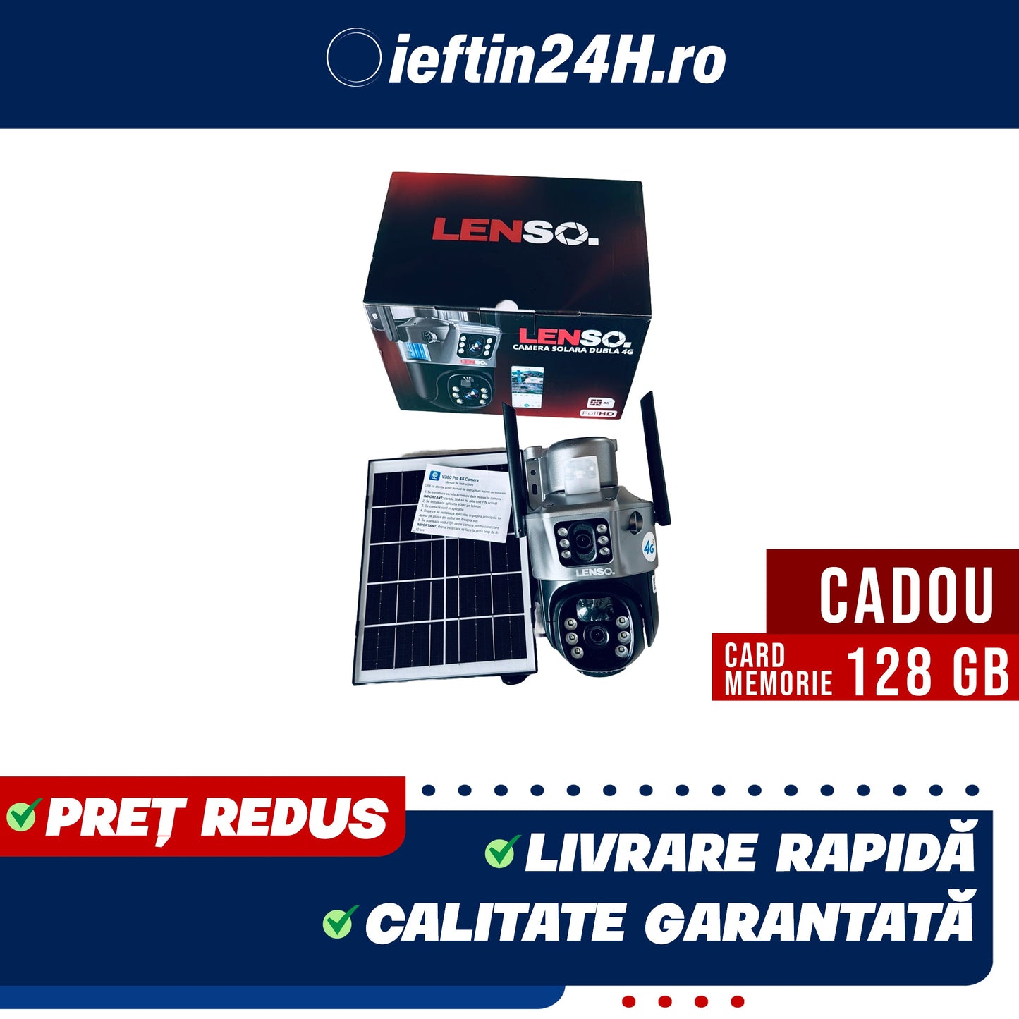 Camera Supraveghere LENSO 4G Dubla + CARD 128 GB